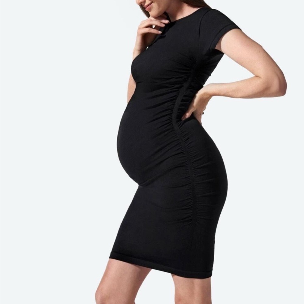 Blanqi Everyday Maternity Ruched Crew Neck Black Cap Sleeve Dress- Size M/L